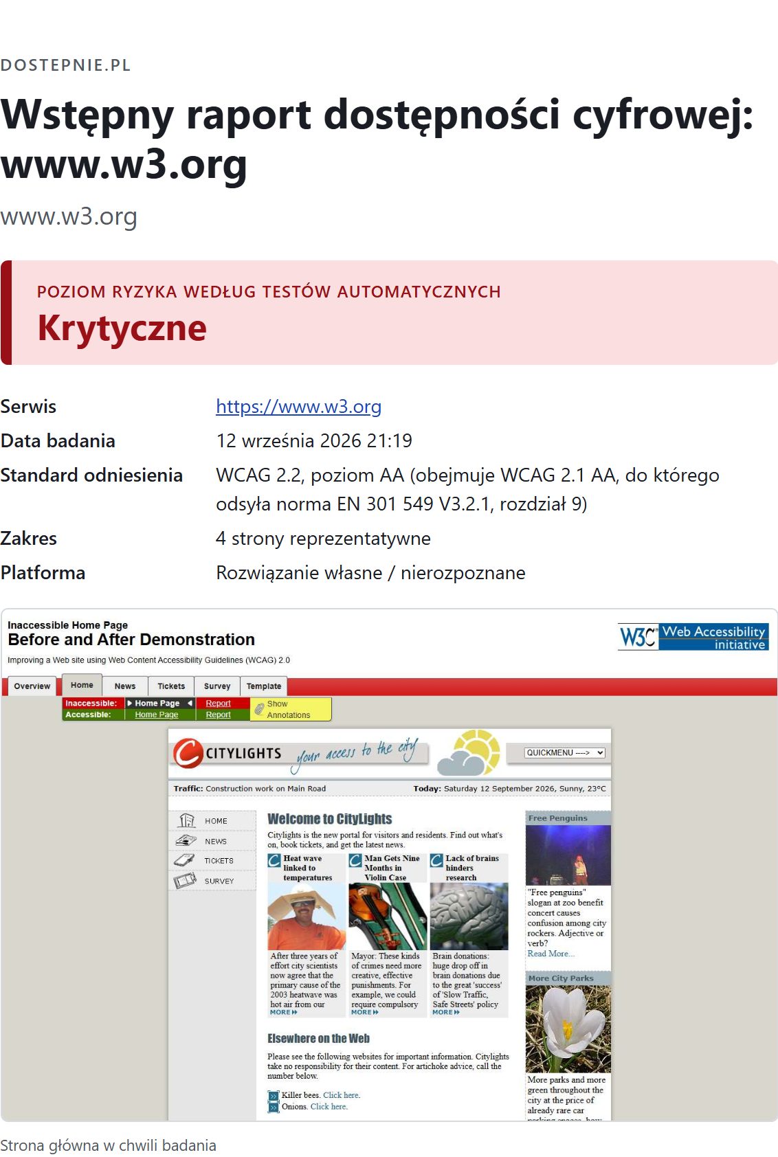 Pierwsza strona przykładowego raportu: poziom ryzyka według testów automatycznych, data badania, zakres i zrzut badanej strony.